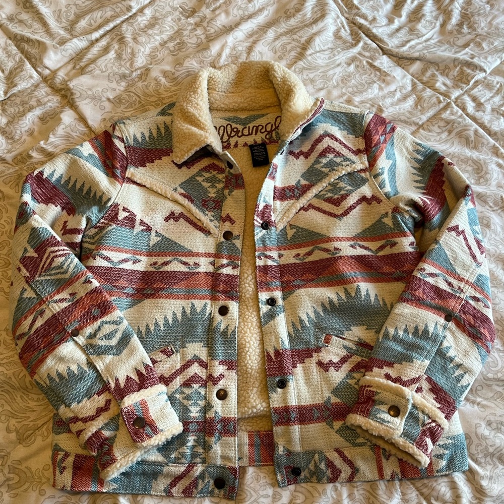Wrangler Cream and Red Jean Jacket with Geometric Pattern
